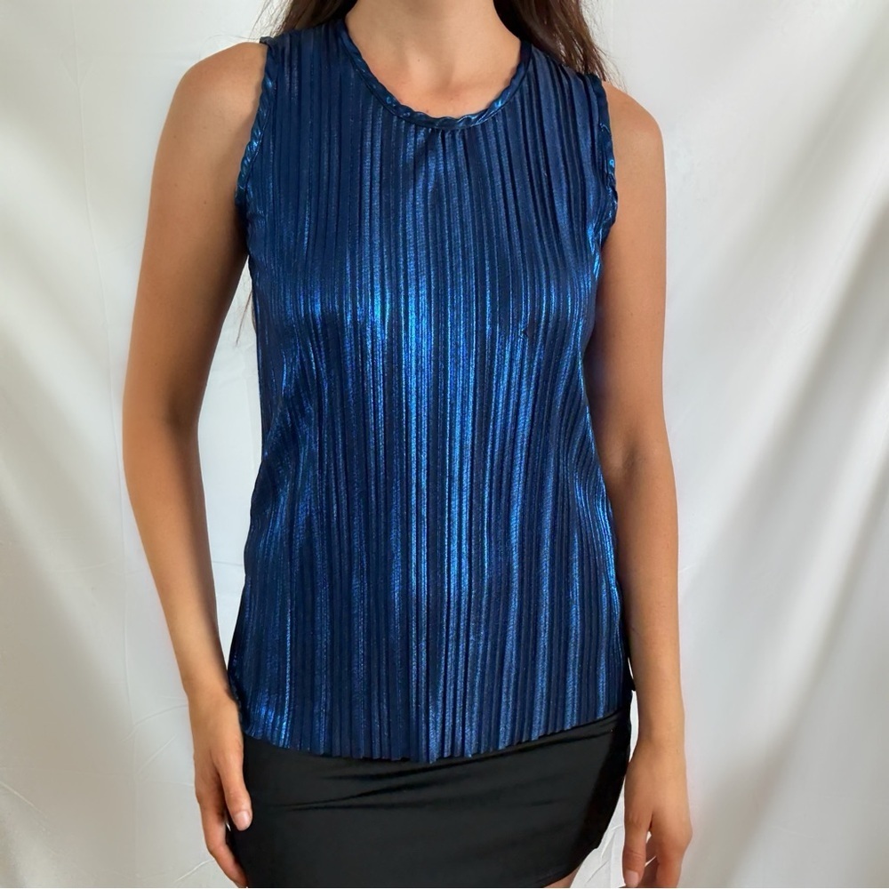 Vintage 90s blue lamé metallic sleeveless top blouse notations size small womens